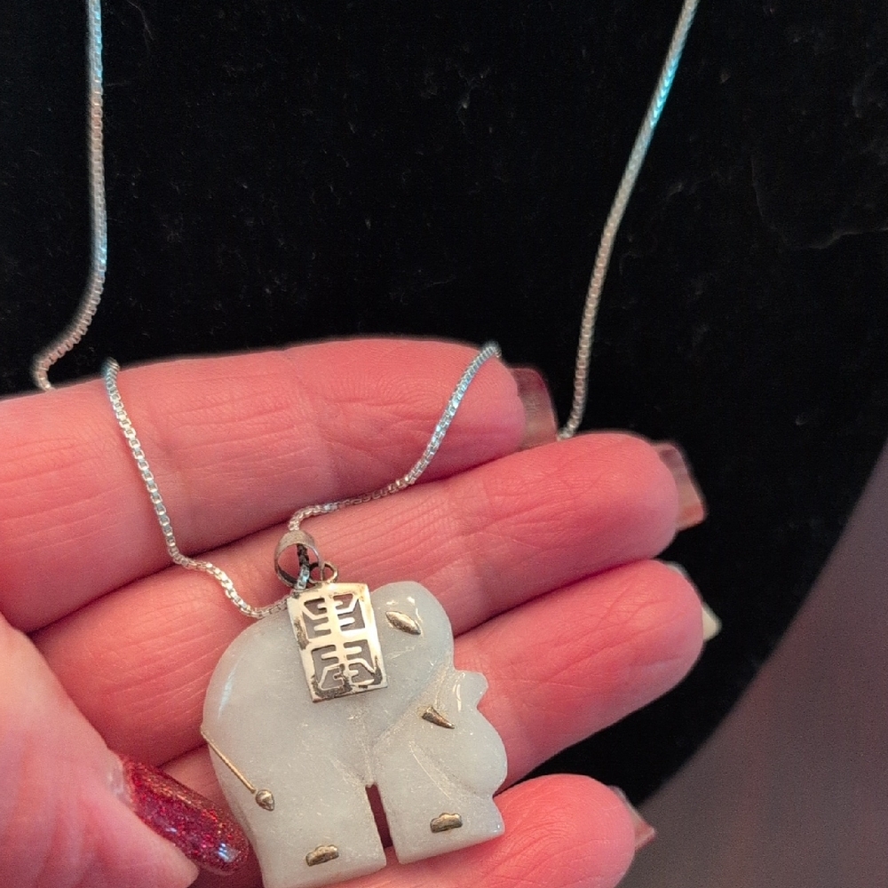 Elegant Silver Necklace With Jade Elephant Pendant